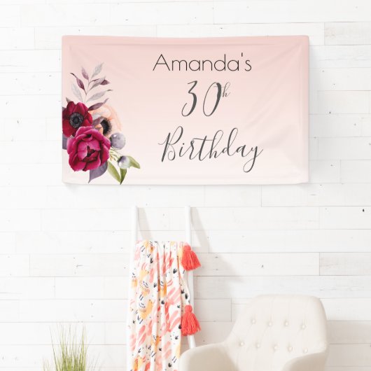 30歳の誕生日赤面ピンクローズ金ゴールドフローラ 横断幕 (インサイチュ)
