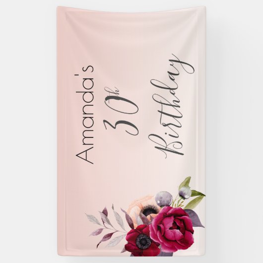 30歳の誕生日赤面ピンクローズ金ゴールドフローラ 横断幕 (縦)