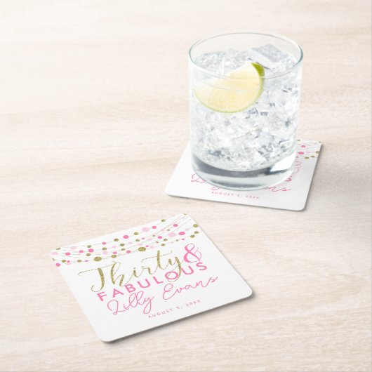 30歳の誕生日金ゴールドとピンクのコースターカスタマイズス スクエアペーパーコースター (インサイチュ)