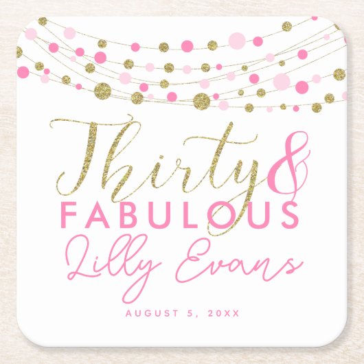30歳の誕生日金ゴールドとピンクのコースターカスタマイズス スクエアペーパーコースター (正面)