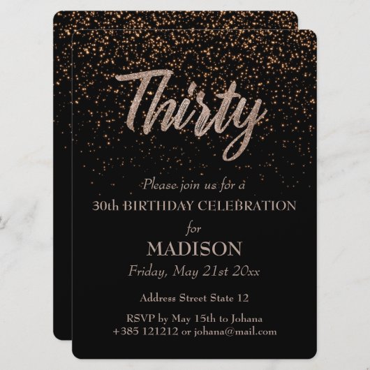 30歳の誕生日金ゴールドグリッター 招待状 (正面/裏面)