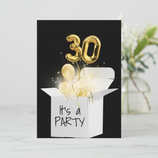 30歳の誕生日金ゴールドバルーンを白い箱に 招待状 (スタンド正面)