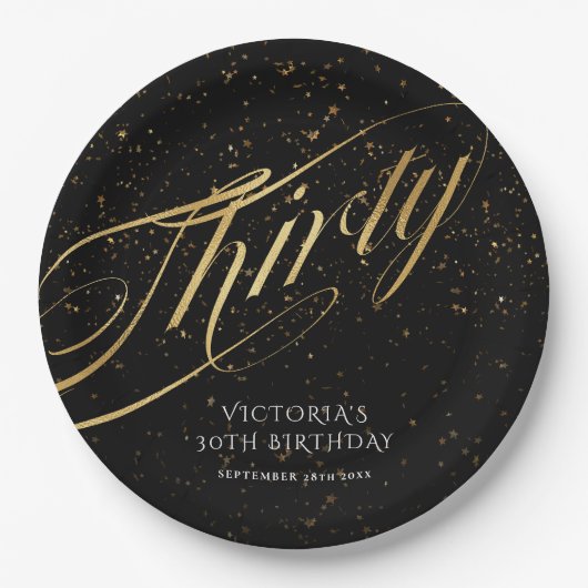 30歳の誕生日金ゴールドブラックスタイリッシュ紙吹雪 ペーパープレート (正面)