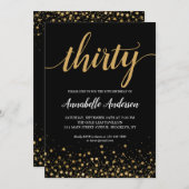 30歳の誕生日金ゴールドモダン紙吹雪スクリプトブラック 招待状 (正面/裏面)