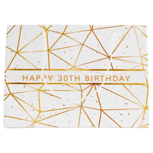 30歳の誕生日金ゴールド幾何学模様ホワイト ラージペーパーバッグ (正面)