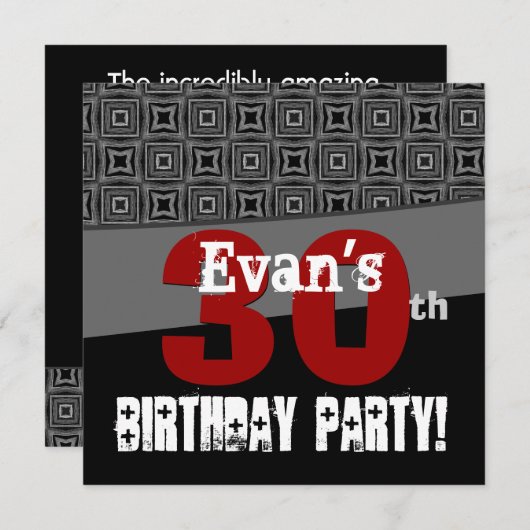 30歳の誕生日黒と白の柄 招待状 (正面/裏面)