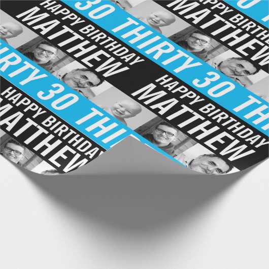 30歳の誕生日3枚の写真ブラックスカイブルーストライプの ラッピングペーパー (角)
