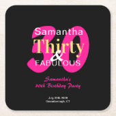 30歳の誕生日30と素晴らしいホットピンクブラックパーティー スクエアペーパーコースター (正面)