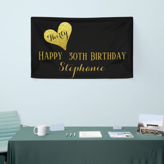30歳の誕生日30歳のブラックとフェイク金ゴールドハート 横断幕 (トレードショー)