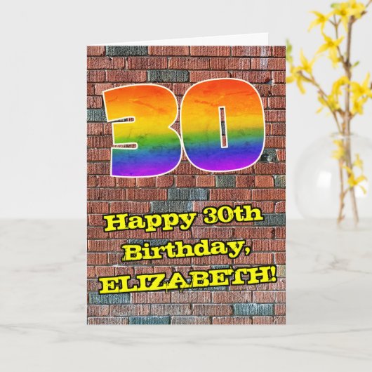 30歳の誕生日:おもしろいグラフィティインスパイアレインボー30歳 カード (黄色い花)