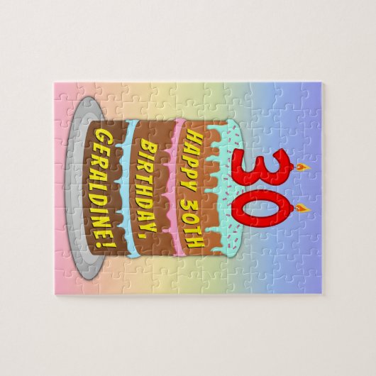 30歳の誕生日:おもしろいケーキとキャンドル+名前をカスタムする ジグソーパズル (横)