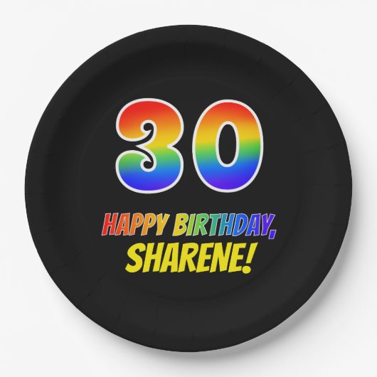 30歳の誕生日：はっきりした,おもしろい,シンプル虹， 30 ペーパープレート (正面)