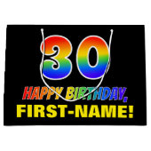 30歳の誕生日:はっきりした,おもしろい,シンプル虹, 30 ラージペーパーバッグ (正面)