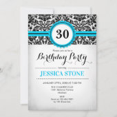 30歳の誕生日 – アクアブルー白黒ダマスク 招待状 (正面)