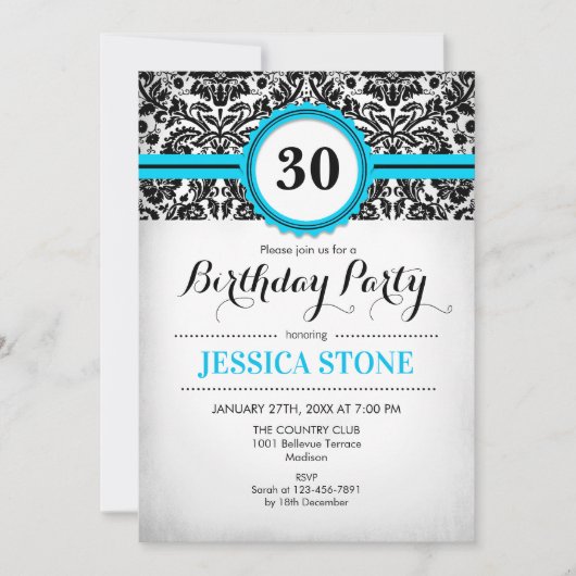 30歳の誕生日 – アクアブルー白黒ダマスク 招待状 (正面)