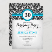 30歳の誕生日 – アクアブルー白黒ダマスク 招待状 (正面/裏面)