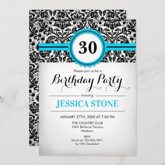30歳の誕生日 – アクアブルー白黒ダマスク 招待状 (正面/裏面)