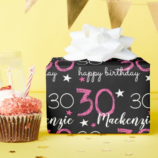 30歳の誕生日 オリジナル ピンク 黒 ラッピングペーパー (誕生日パーティー)