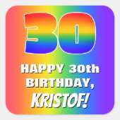 30歳の誕生日：カラフルおもしろいレインボーパターン# 30 スクエアシール (正面)