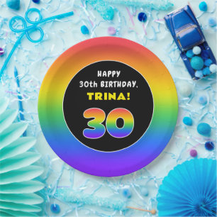 30歳の誕生日:カラフル虹#30,名前をカスタムする ペーパープレート