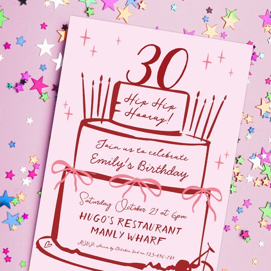 30歳の誕生日 コケット ピンクのリボン アンティークケーキ 招待状