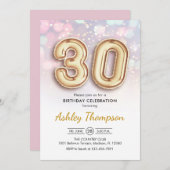 30歳の誕生日 - ゴールド風船 ピンクのライト 招待状 (正面/裏面)