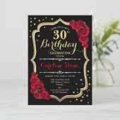 30歳の誕生日 - ゴールド ブラック レッド ローズ 招待状 (スタンド正面)