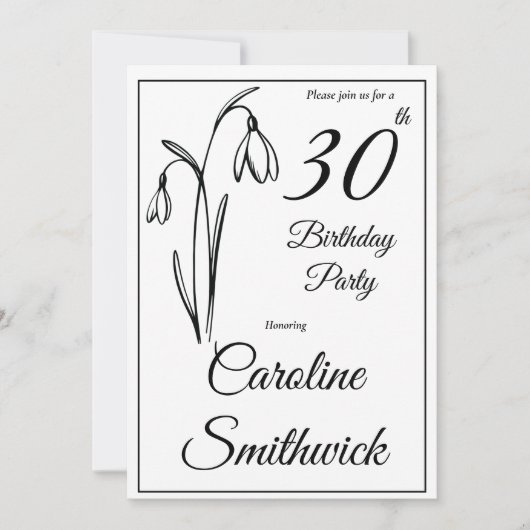 30歳の誕生日 スノードロップ 花 モノクロ 招待状 (正面)