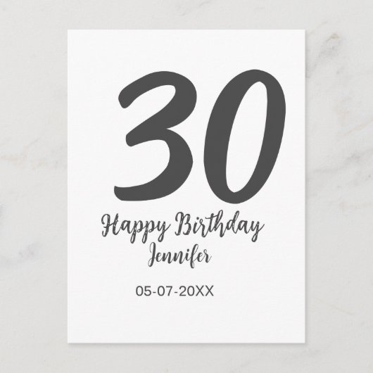 30歳の誕生日 テンプレート 黒 名前 日付 年 ポストカード (正面)
