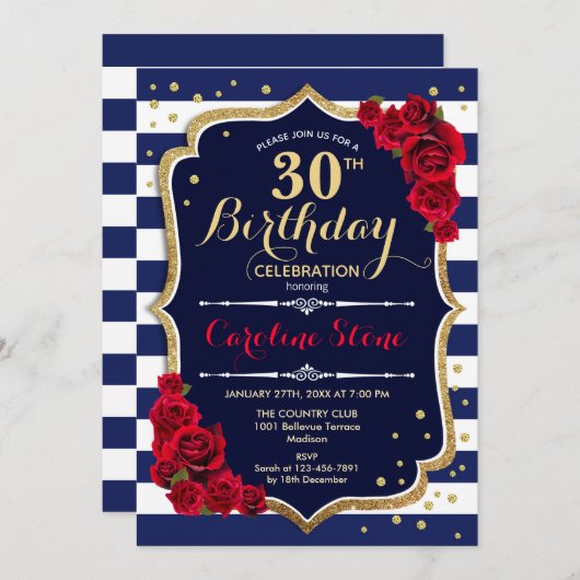 30歳の誕生日 – ネイビーストライプホワイトと赤のバラ 招待状 (正面/裏面)