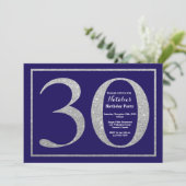 30歳の誕生日 ネイビーブルーとシルバーのグリッター 招待状 (スタンド正面)