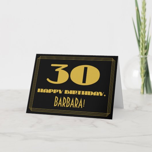 30歳の誕生日： ネーム + アートデコ調の「30」デザイン カード (正面)