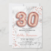 30歳の誕生日 – バラ金ゴールドバルーン大理石効果 招待状 (正面)
