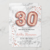 30歳の誕生日 – バラ金ゴールドバルーン大理石効果 招待状 (正面/裏面)