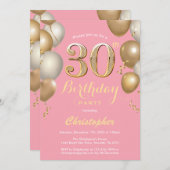 30歳の誕生日 ピンクとゴールドの風船 コンフェッティ 招待状 (正面/裏面)