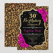 30歳の誕生日 - ピンクのバラ ヒョウ柄プリント 招待状 (正面/裏面)