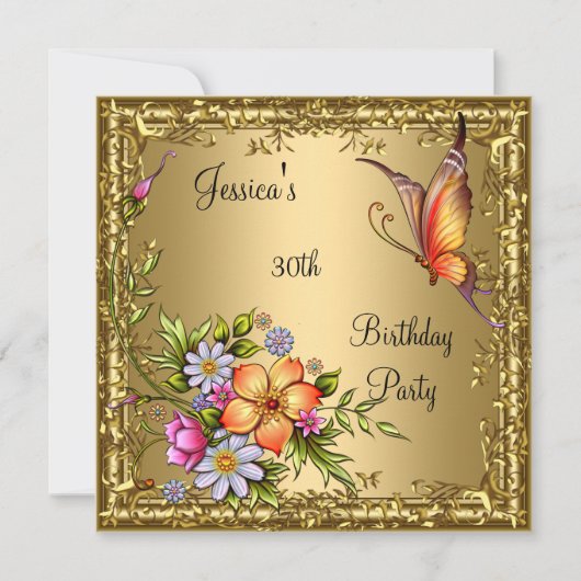 30歳の誕生日 ピンクの花と蝶のブロンズゴールド 招待状 (正面)