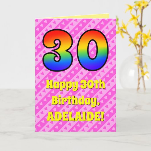 30歳の誕生日:ピンクストライプのハートとレインボー# 30 カード (黄色い花)