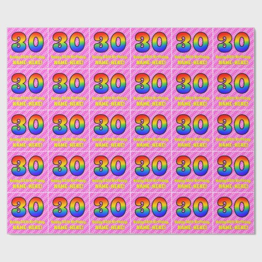 30歳の誕生日:ピンクストライプのハートとレインボー# 30 ラッピングペーパー (フラット)