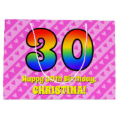 30歳の誕生日:ピンクストライプのハートとレインボー# 30 ラージペーパーバッグ (裏面)