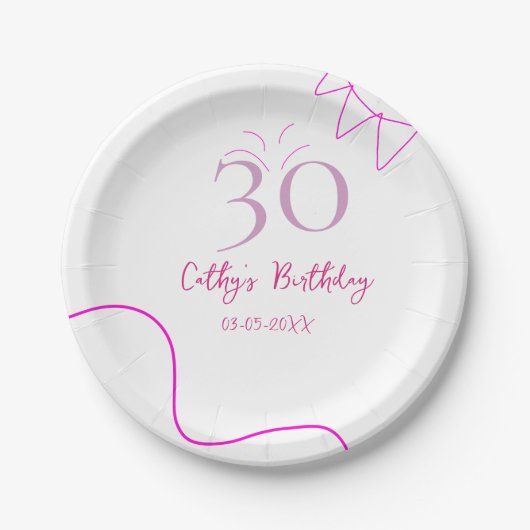 30歳の誕生日+ピンク+パステルカラーの手描きレトロ ペーパープレート (正面)