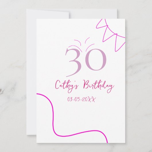 30歳の誕生日+ピンク+パステルカラーの手描きレトロ 招待状 (正面)