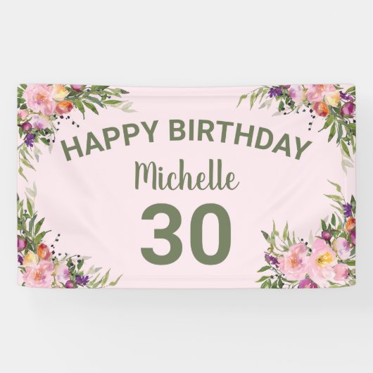 30歳の誕生日 ピンク パープル 水彩 花 横断幕 (横)