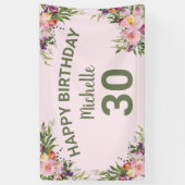 30歳の誕生日 ピンク パープル 水彩 花 横断幕 (縦)