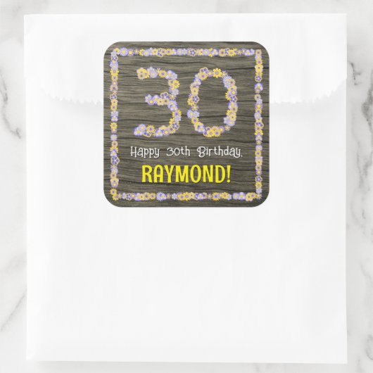 30歳の誕生日：フローラ番号フェイク、木目、名前 スクエアシール (バッグ)
