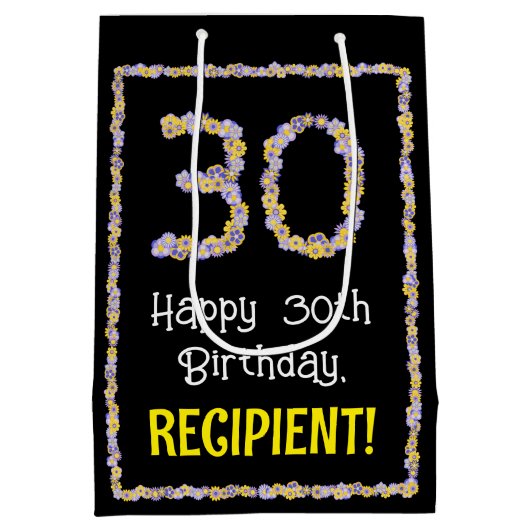 30歳の誕生日:フローラ花数,名前をカスタムする ミディアムペーパーバッグ (裏面)