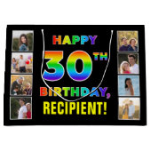 30歳の誕生日:レインボー文字カスタム、写真&名前 ラージペーパーバッグ (正面)