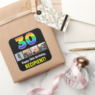 30歳の誕生日:レインボー「30」、写真カスタムと名前 スクエアシール