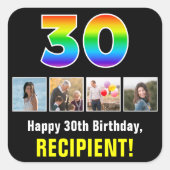 30歳の誕生日：レインボー「30」、写真カスタムと名前 スクエアシール (正面)