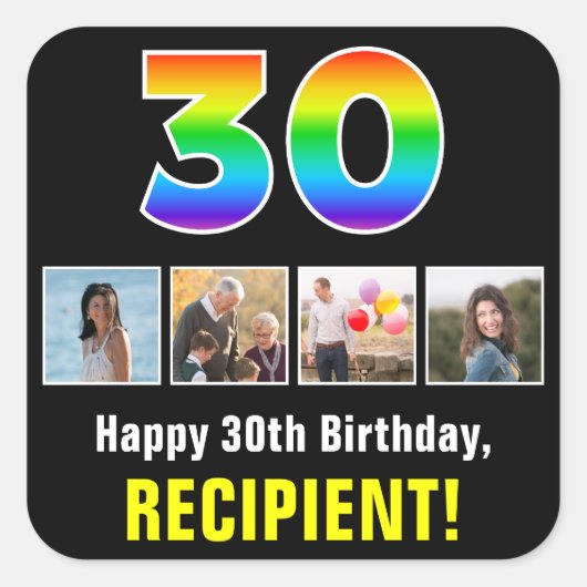 30歳の誕生日：レインボー「30」、写真カスタムと名前 スクエアシール (正面)